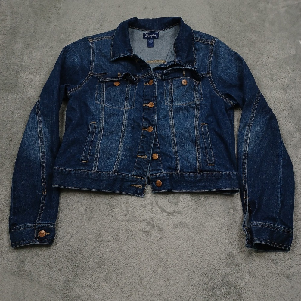 Wrangler Denim Jacket Womens XL Blue Pockets Distressed Cotton Cropped